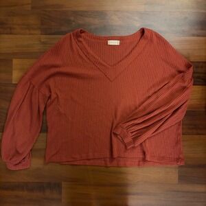 Altard State Rust Red Waffle Knit Balloon Sleeve V Neck Top Size Small